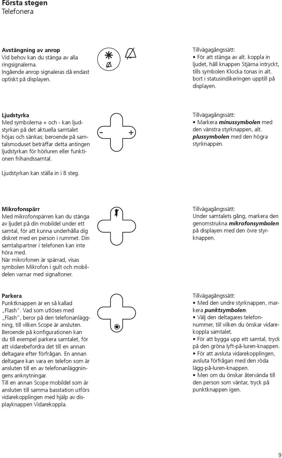 Ljudstyrka Med symbolerna + och - kan ljudstyrkan på det aktuella samtalet höjas och sänkas; beroende på samtalsmoduset beträffar detta antingen ljudstyrkan för hörluren eller funktionen