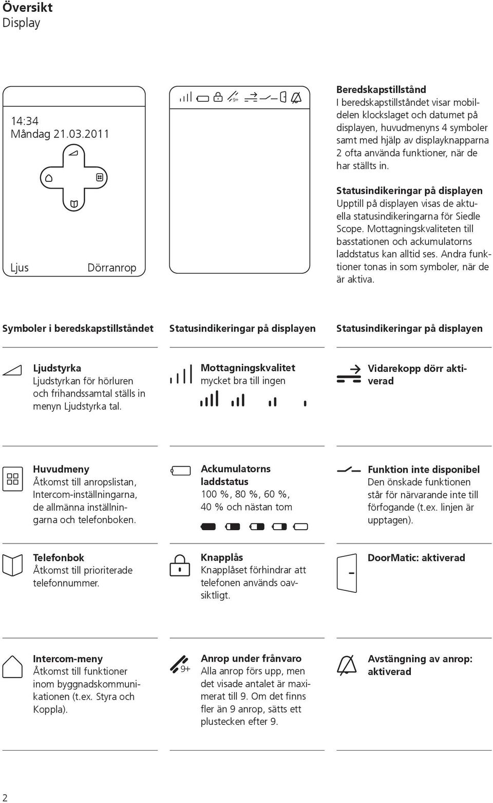 har ställts in. Ljus Dörranrop Statusindikeringar på displayen Upptill på displayen visas de aktuella statusindikeringarna för Siedle Scope.