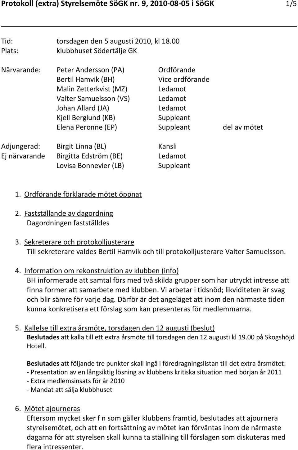 Fastställande av dagordning Dagordningen fastställdes 3. Sekreterare och protokolljusterare Till sekreterare valdes Bertil Hamvik och till protokolljusterare Valter Samuelsson. 4.