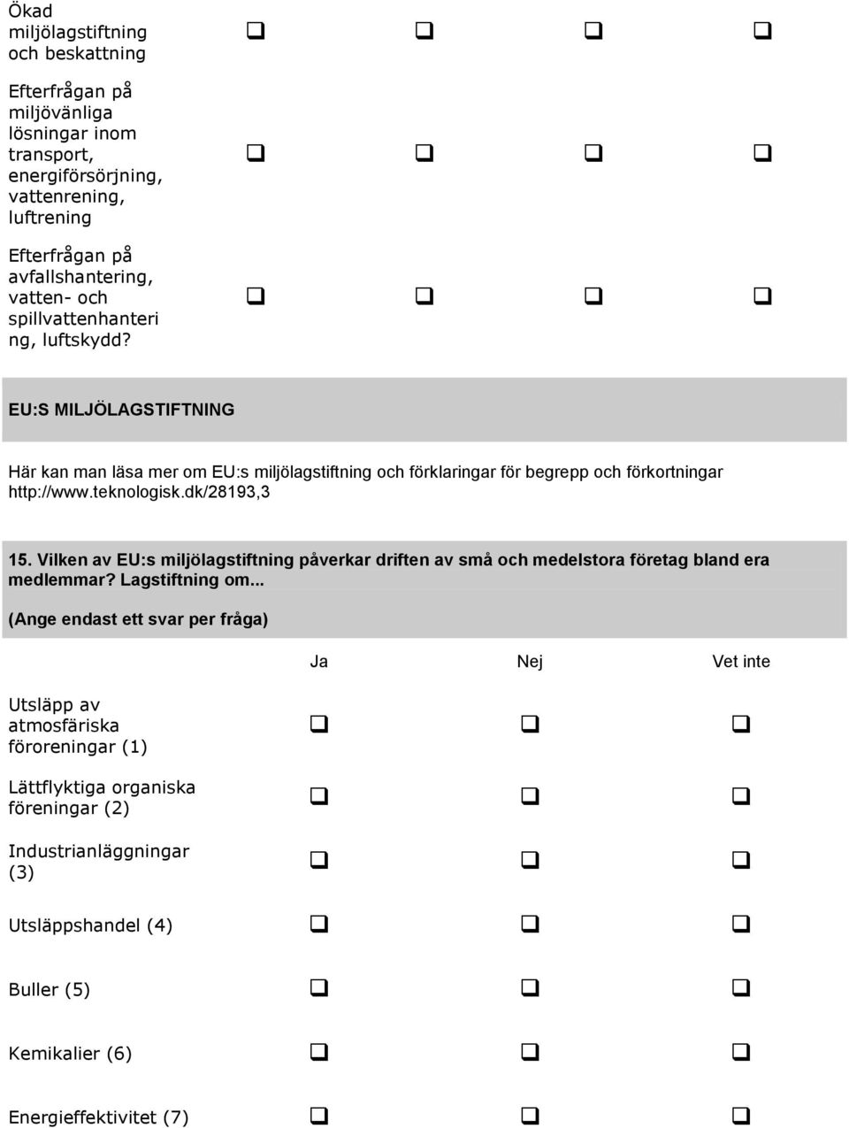 dk/28193,3 15. Vilken av EU:s miljölagstiftning påverkar driften av små och medelstora företag bland era medlemmar? Lagstiftning om.