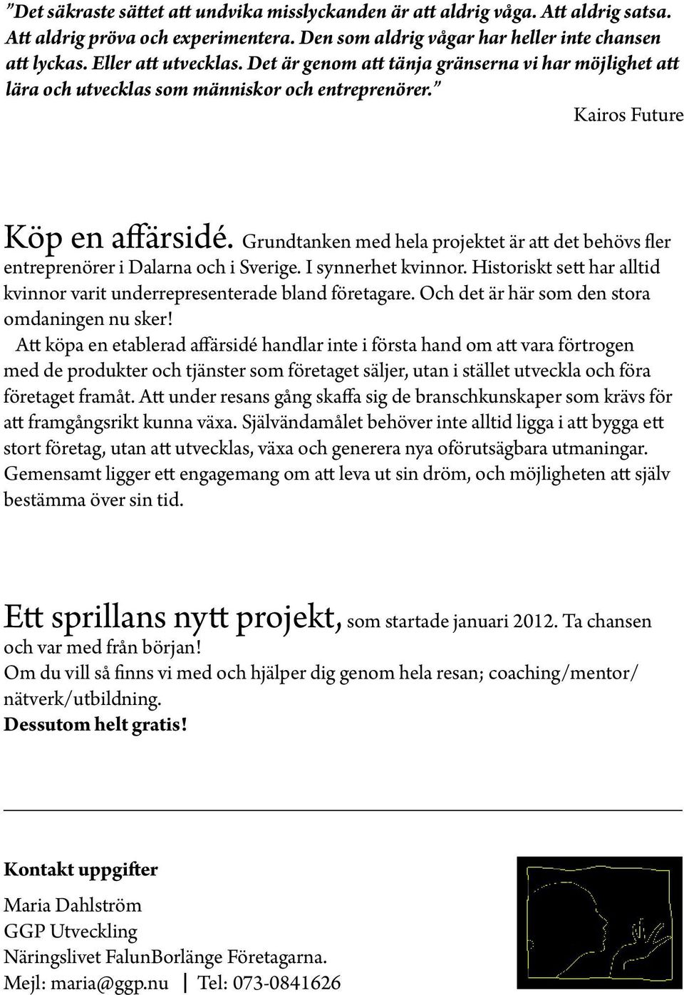 Grundtanken med hela projektet är att det behövs fler entreprenörer i Dalarna och i Sverige. I synnerhet kvinnor. Historiskt sett har alltid kvinnor varit underrepresenterade bland företagare.