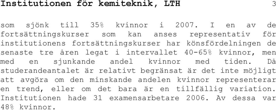 åren legat i intervallet 40-65% kvinnor, men med en sjunkande andel kvinnor med tiden.
