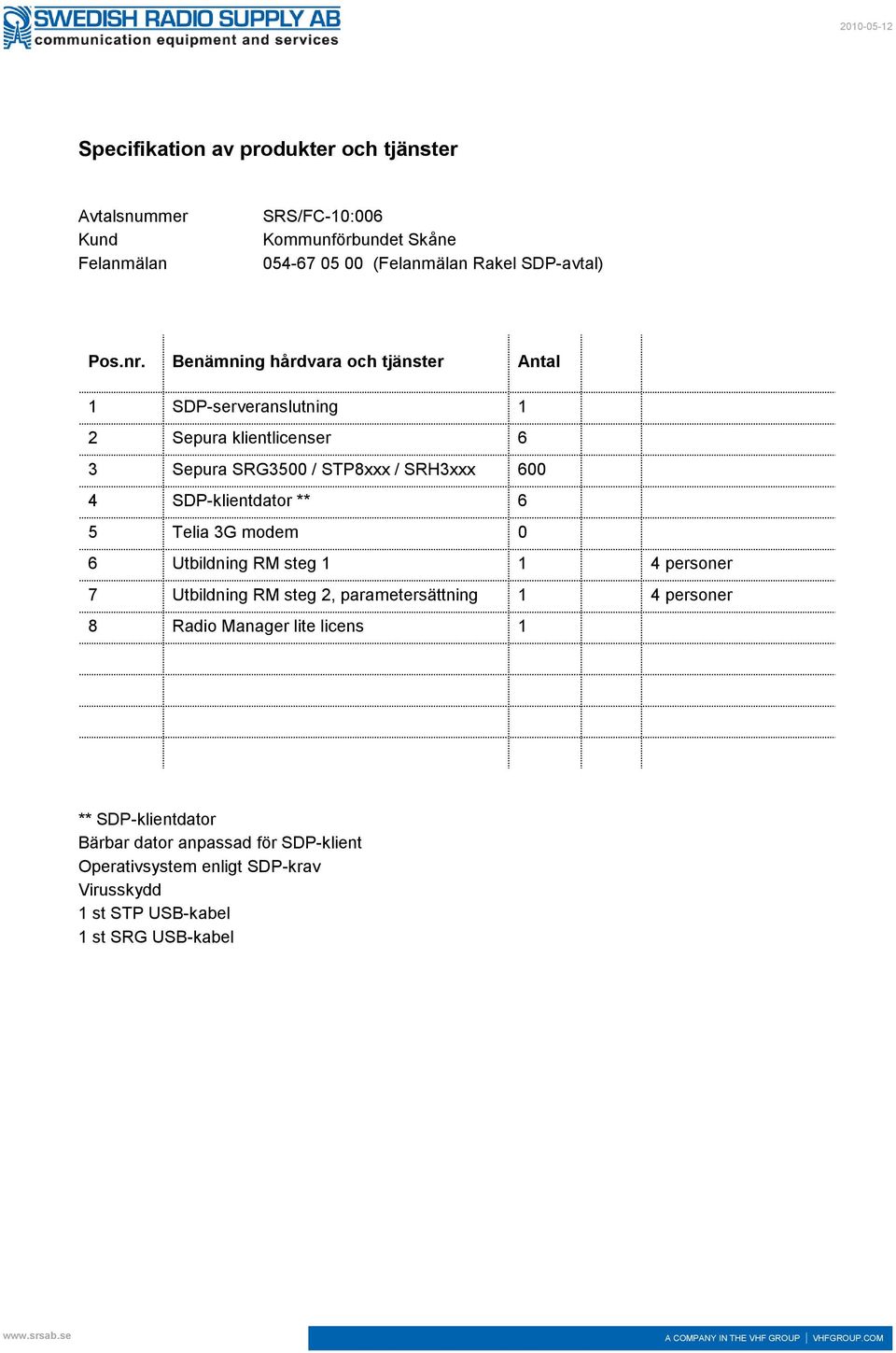 Benämning hårdvara och tjänster Antal 1 SDP-serveranslutning 1 2 Sepura klientlicenser 6 3 Sepura SRG3500 / STP8xxx / SRH3xxx 600 4