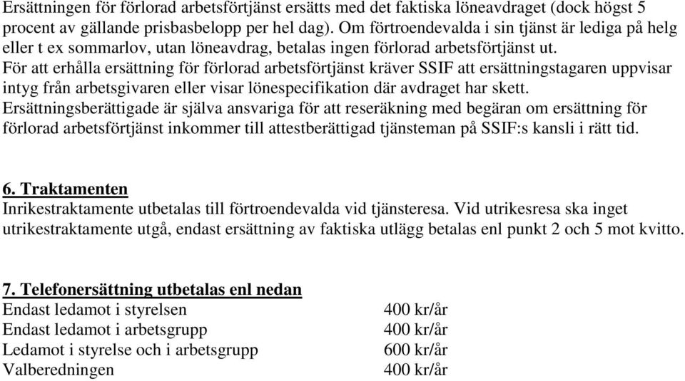 För att erhålla ersättning för förlorad arbetsförtjänst kräver SSIF att ersättningstagaren uppvisar intyg från arbetsgivaren eller visar lönespecifikation där avdraget har skett.