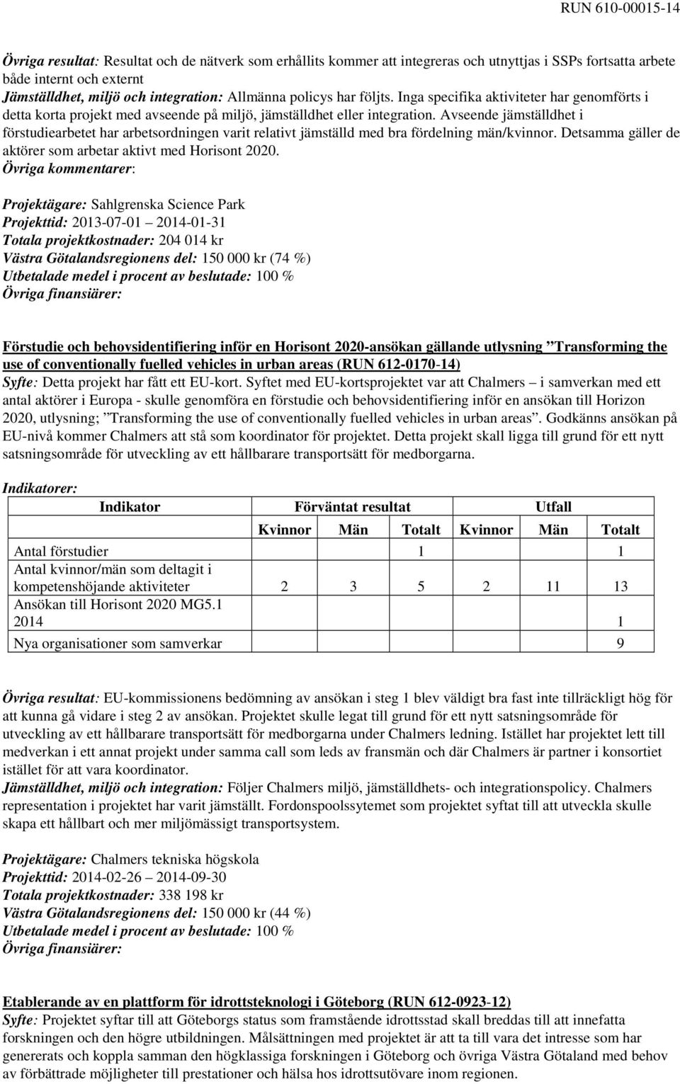 Avseende jämställdhet i förstudiearbetet har arbetsordningen varit relativt jämställd med bra fördelning män/kvinnor. Detsamma gäller de aktörer som arbetar aktivt med Horisont 2020.