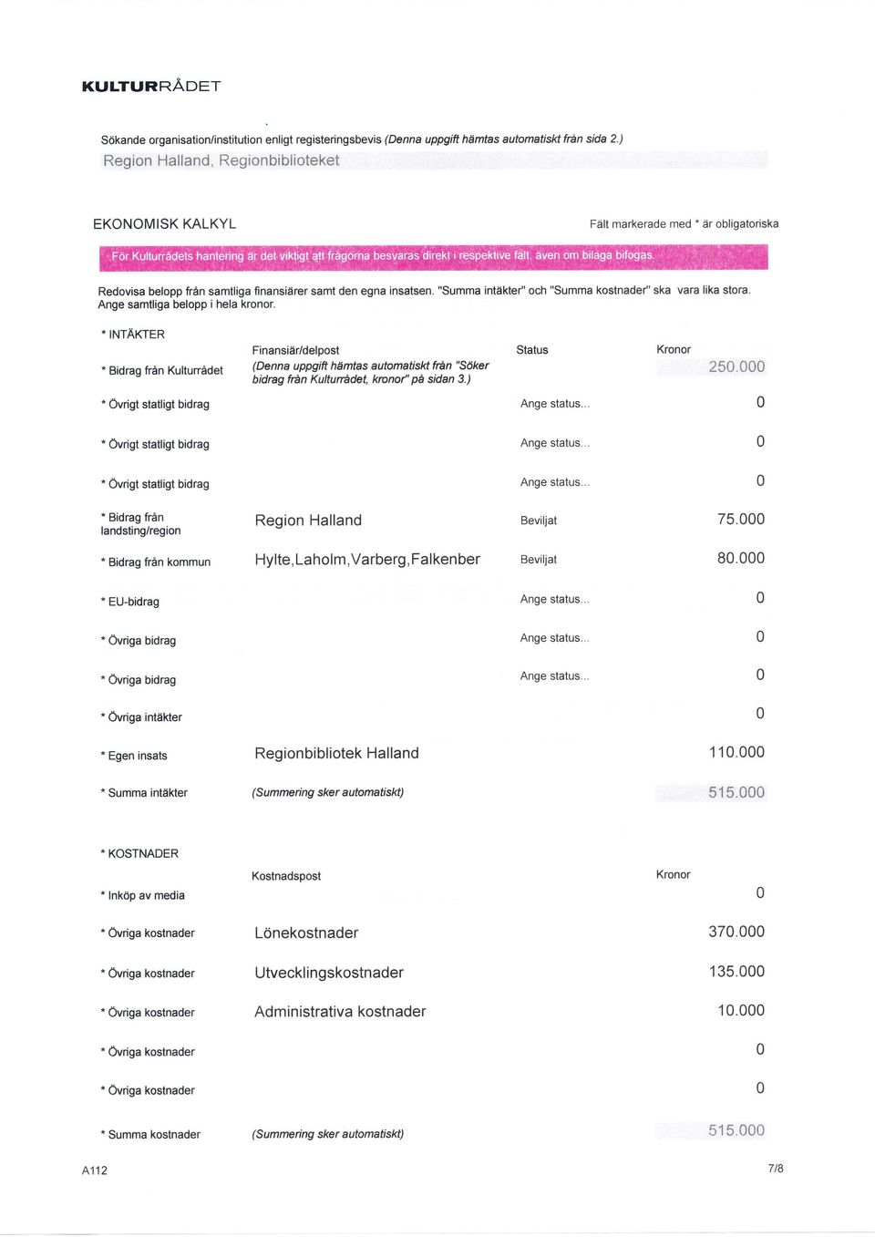 " INTÄKTER ' Bidrag från Kultunådet Finansiär/delpost (Denna uppgift hämtas automatiskt fån "S(*er bidrag fiån Kultunådet, krcnof'på sidan 3.) Status Kronor 25.