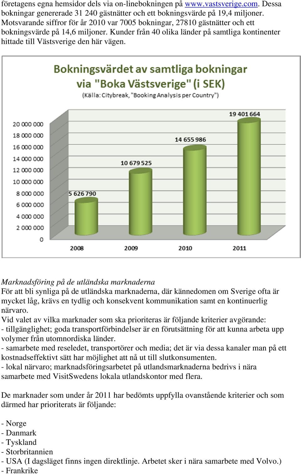 Marknadsföring på de utländska marknaderna För att bli synliga på de utländska marknaderna, där kännedomen om Sverige ofta är mycket låg, krävs en tydlig och konsekvent kommunikation samt en