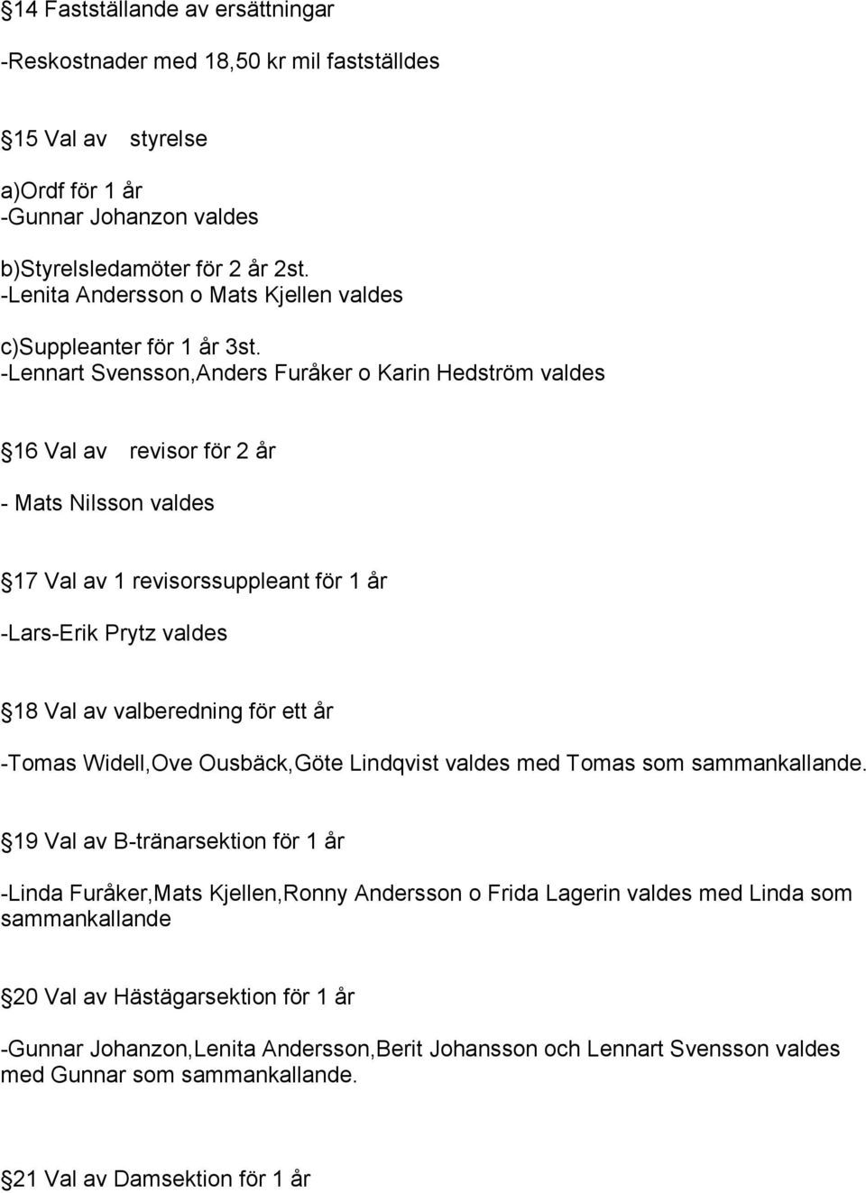 -Lennart Svensson,Anders Furåker o Karin Hedström valdes 16 Val av revisor för 2 år - Mats Nilsson valdes 17 Val av 1 revisorssuppleant för 1 år -Lars-Erik Prytz valdes 18 Val av valberedning för ett