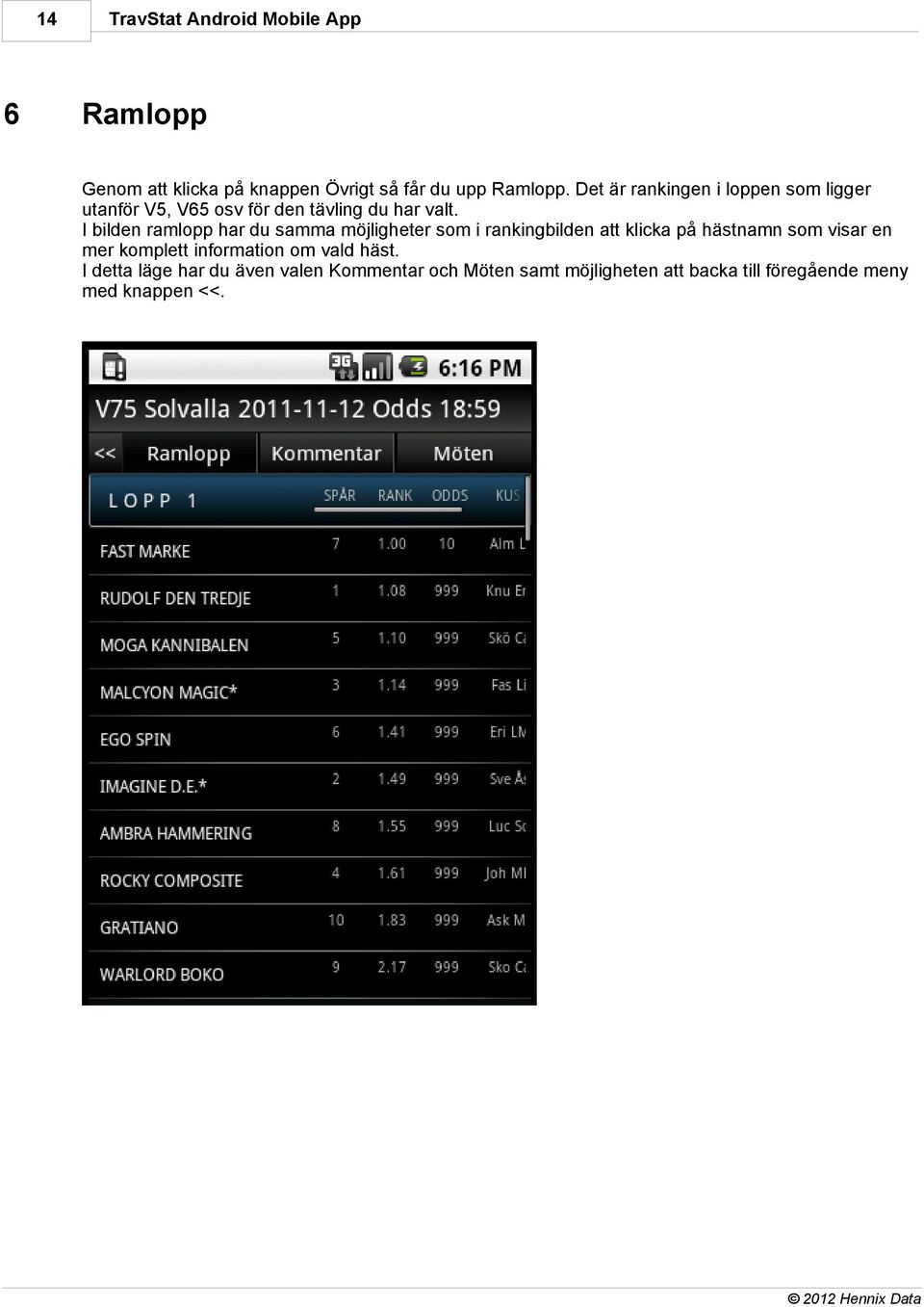 I bilden ramlopp har du samma möjligheter som i rankingbilden att klicka på hästnamn som visar en mer