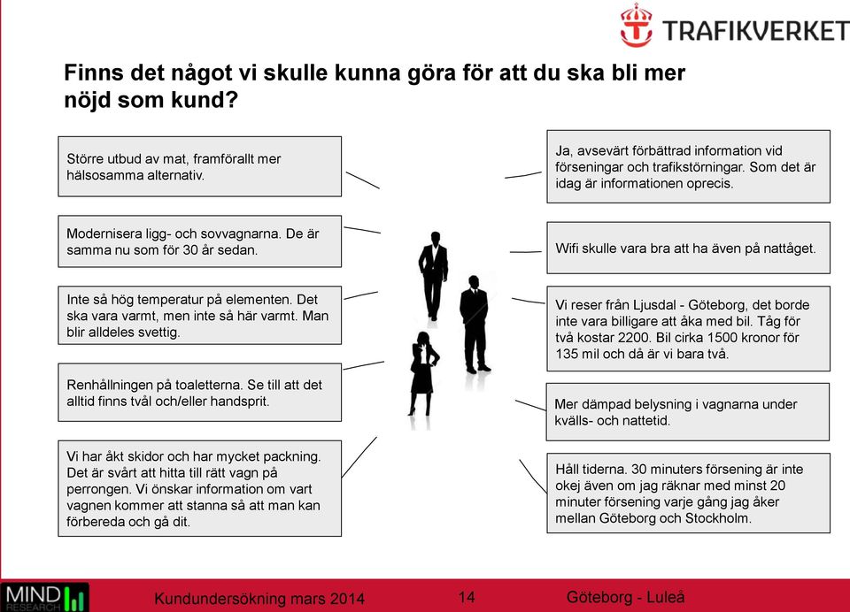 Wifi skulle vara bra att ha även på nattåget. Inte så hög temperatur på elementen. Det ska vara varmt, men inte så här varmt. Man blir alldeles svettig. Renhållningen på toaletterna.