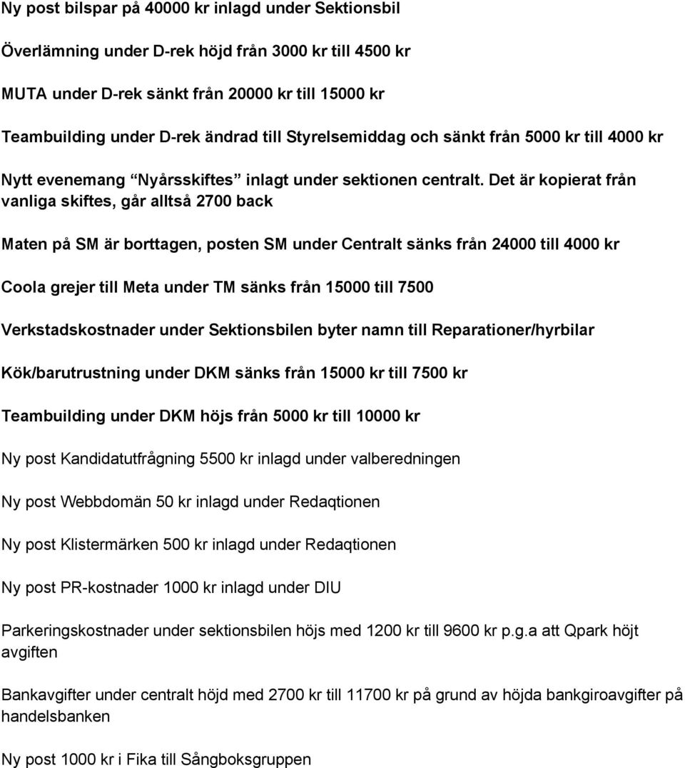 Det är kopierat från vanliga skiftes, går alltså 2700 back Maten på SM är borttagen, posten SM under Centralt sänks från 24000 till 4000 kr Coola grejer till Meta under TM sänks från 15000 till 7500