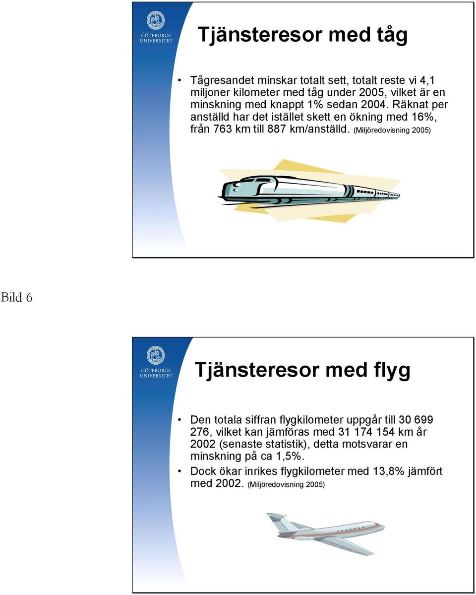 (Miljöredovisning 2005) Bild 6 Tjänsteresor med flyg Den totala siffran flygkilometer uppgår till 30 699 276, vilket kan jämföras med 31