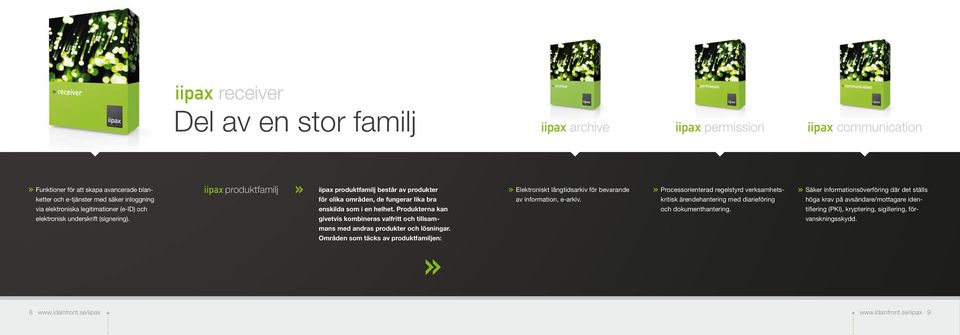 Produkterna kan givetvis kombineras valfritt och tillsammans med andras produkter och lösningar. Områden som täcks av produktfamiljen: Elektroniskt långtidsarkiv för bevarande av information, e-arkiv.
