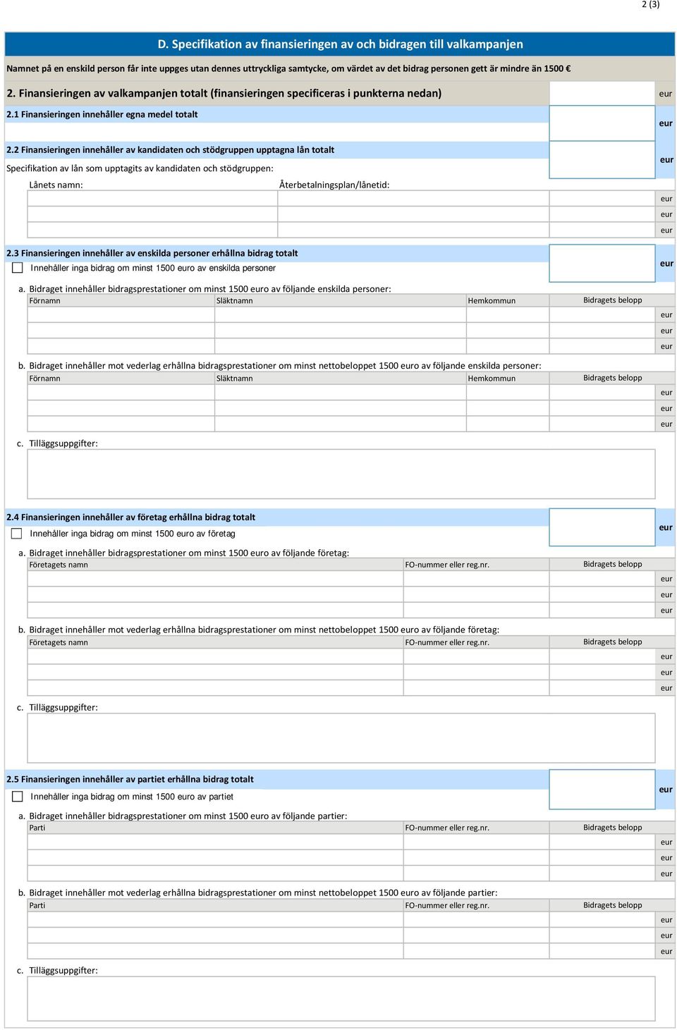 Finansieringen av valkampanjen totalt (finansieringen specificeras i punkterna nedan) 2.1 Finansieringen innehåller egna medel totalt 2.