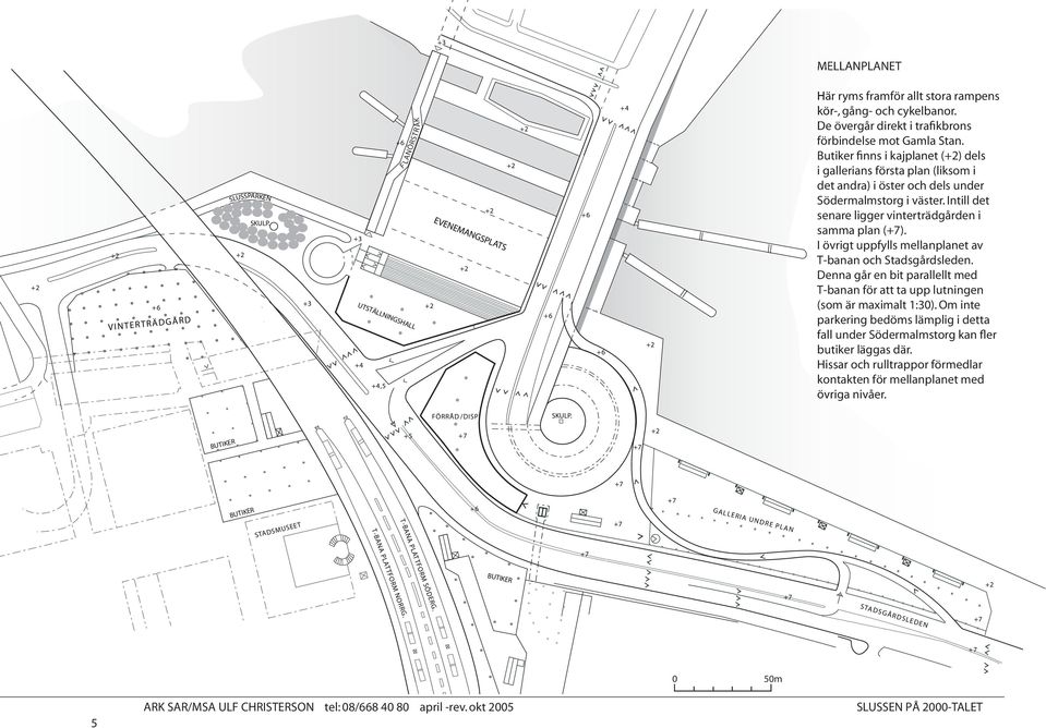 I övrigt uppfylls mellanplanet av T-banan och Stadsgårdsleden. Denna går en bit parallellt med T-banan för att ta upp lutningen (som är maximalt 1:30).