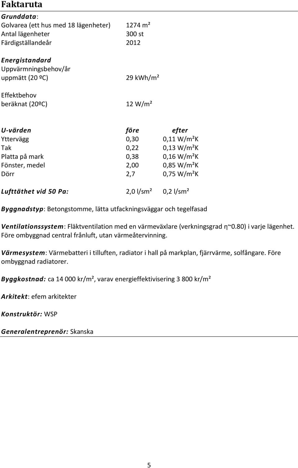 l/sm² Byggnadstyp: Betongstomme, lätta utfackningsväggar och tegelfasad Ventilationssystem: Fläktventilation med en värmeväxlare (verkningsgrad η~0.80) i varje lägenhet.