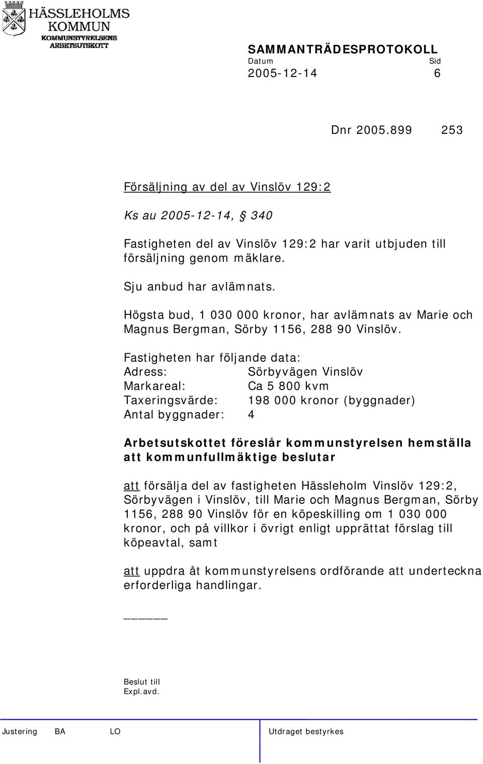 Fastigheten har följande data: Adress: Sörbyvägen Vinslöv Markareal: Ca 5 800 kvm Taxeringsvärde: 198 000 kronor (byggnader) Antal byggnader: 4 Arbetsutskottet föreslår kommunstyrelsen hemställa att