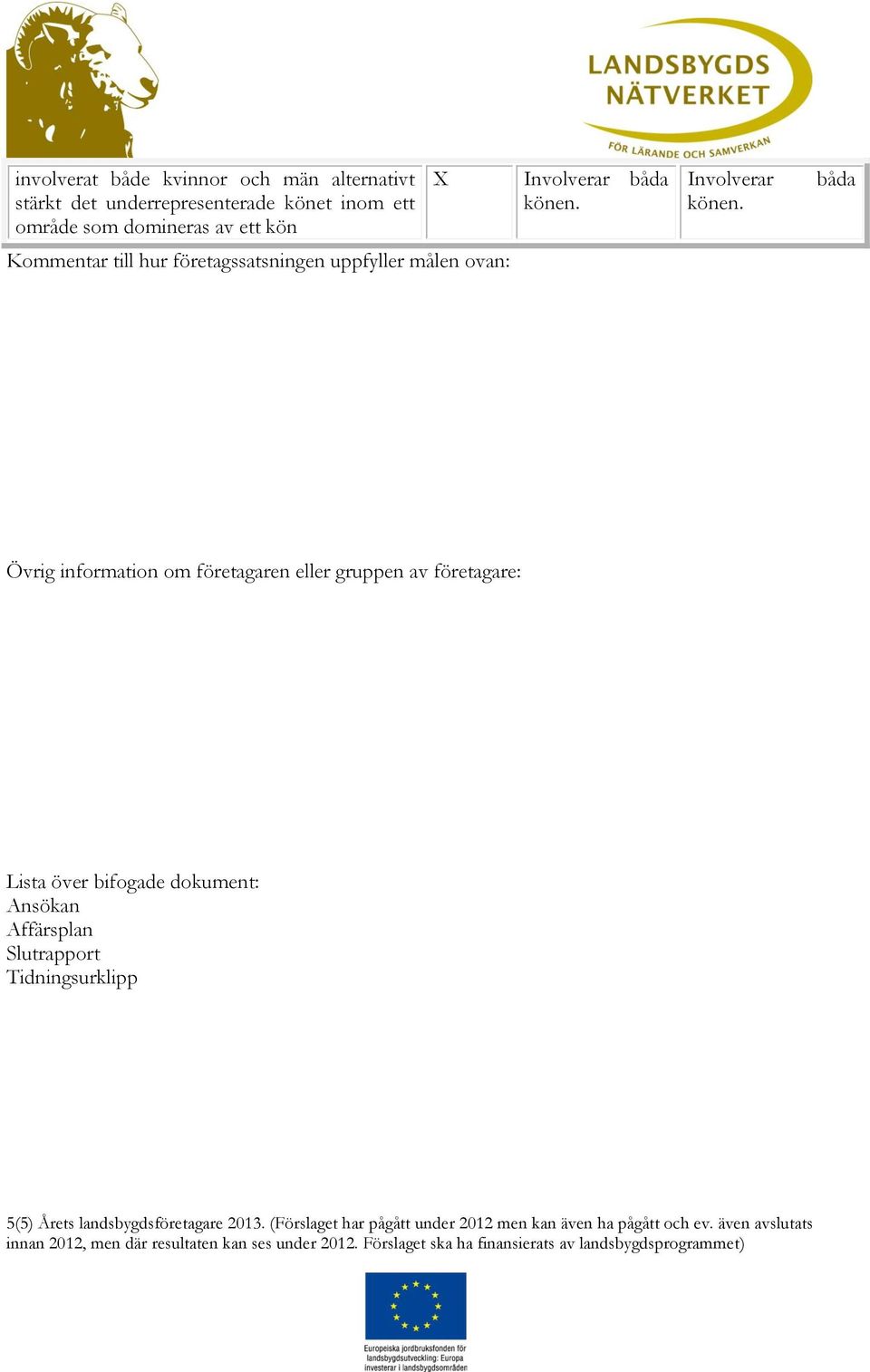 båda Kommentar hur företagssatsningen uppfyller målen ovan: Övrig information om företagaren eller gruppen av