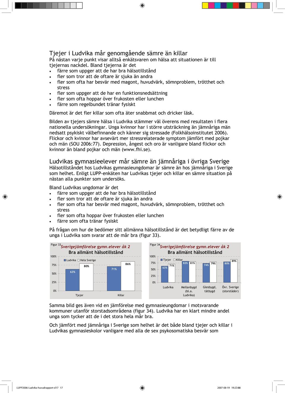 fler som uppger att de har en funktionsnedsättning fler som ofta hoppar över frukosten eller lunchen färre som regelbundet tränar fysiskt Däremot är det fler killar som ofta äter snabbmat och dricker