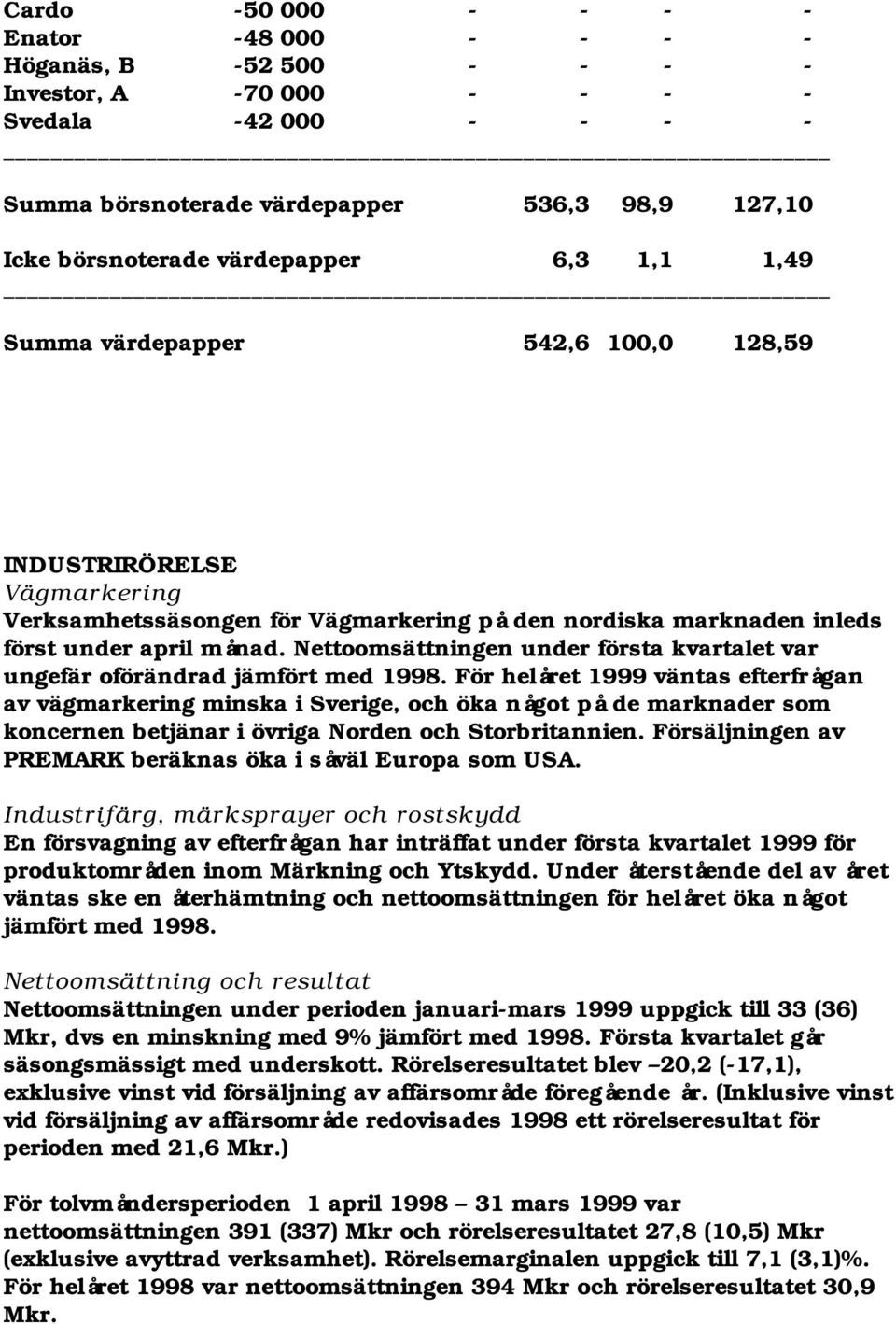 Nettoomsättningen under första kvartalet var ungefär oförändrad jämfört med 1998.