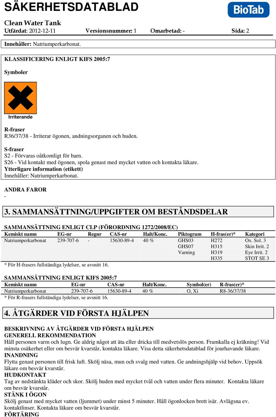 ANDRA FAROR 3. SAMMANSÄTTNING/UPPGIFTER OM BESTÅNDSDELAR SAMMANSÄTTNING ENLIGT CLP (FÖRORDNING 1272/2008/EC) Kemiskt namn EGnr Regnr CASnr Halt/Konc.