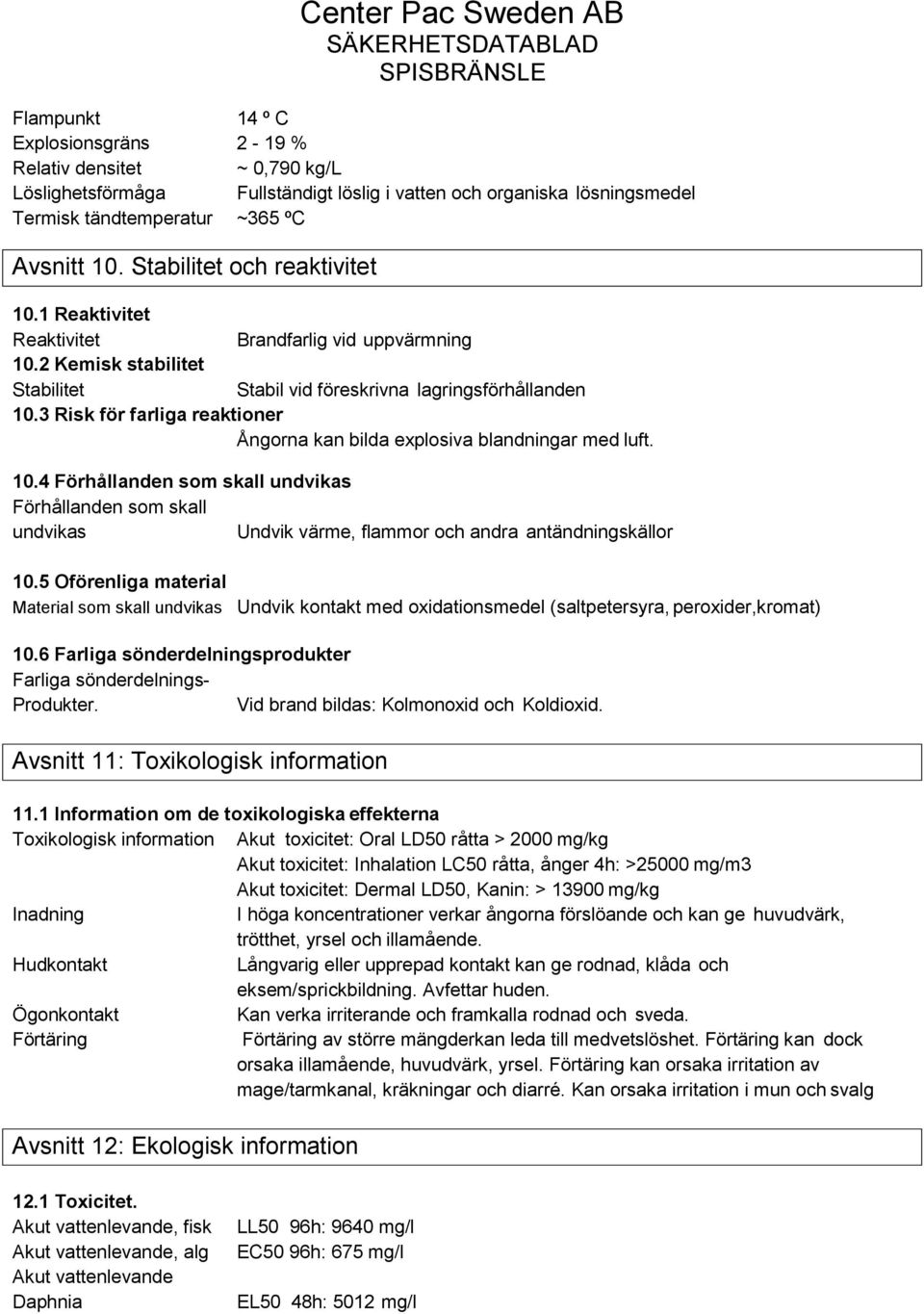 3 Risk för farliga reaktioner Ångorna kan bilda explosiva blandningar med luft. 10.