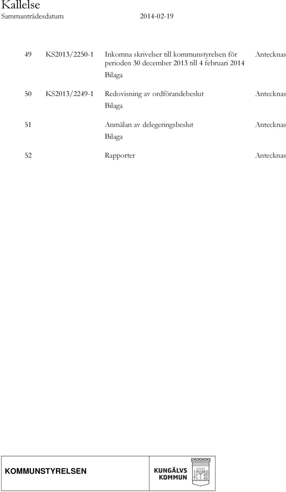 KS2013/2249-1 Redovisning av ordförandebeslut Bilaga 51 Anmälan av