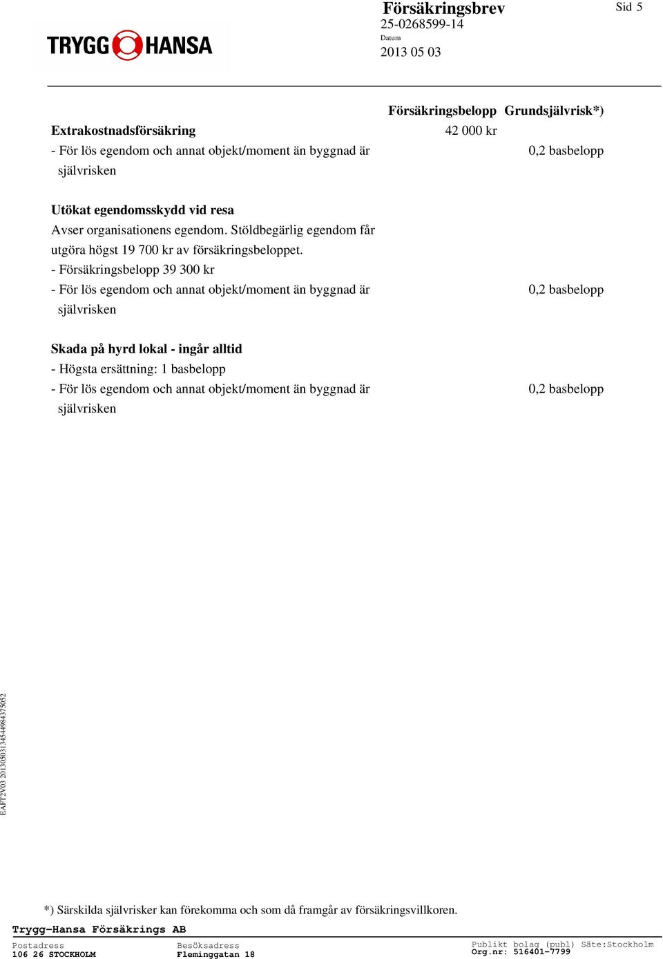 - Försäkringsbelopp 39 300 kr - För lös egendom och annat objekt/moment än byggnad är 0,2 basbelopp självrisken Skada på hyrd lokal - ingår alltid - Högsta ersättning: 1