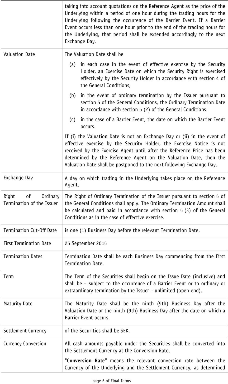 Valuation Date Exchange Day Right of Ordinary Termination of the Issuer Termination Cut-Off Date The Valuation Date shall be (a) (b) (c) in each case in the event of effective exercise by the