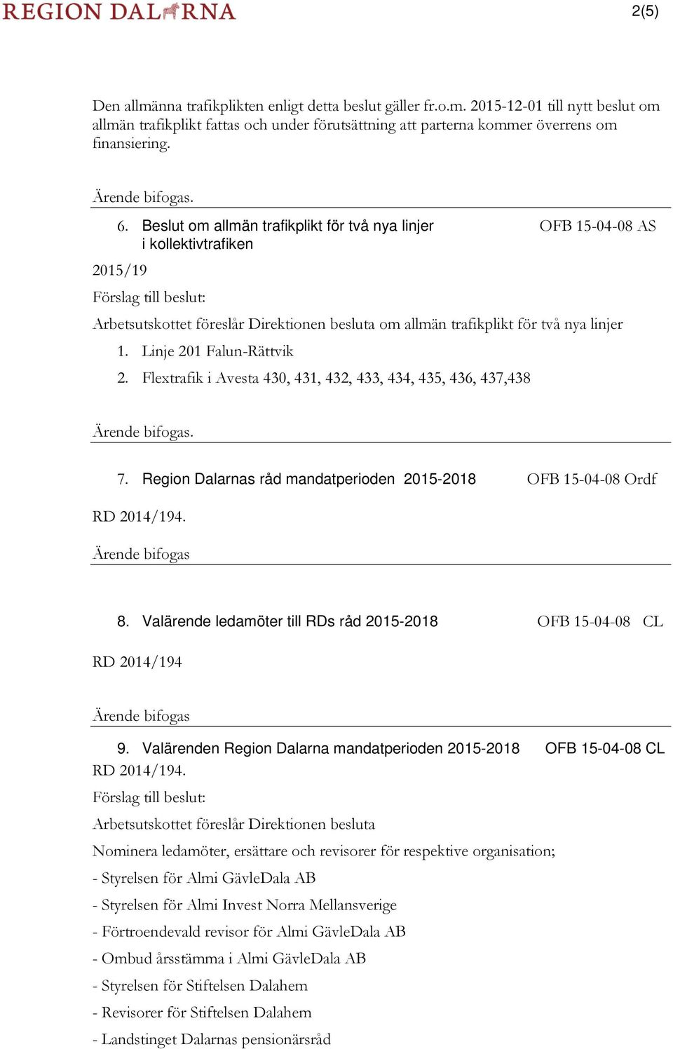 Linje 201 Falun-Rättvik 2. Flextrafik i Avesta 430, 431, 432, 433, 434, 435, 436, 437,438. 7. Region Dalarnas råd mandatperioden 2015-2018 OFB 15-04-08 Ordf RD 2014/194. 8.