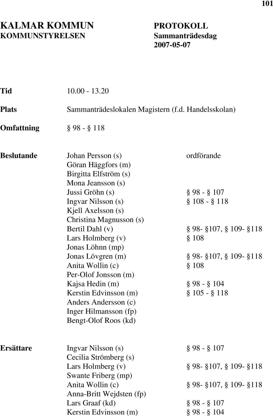 Jussi Gröhn (s) 98-107 Ingvar Nilsson (s) 108-118 Kjell Axelsson (s) Christina Magnusson (s) Bertil Dahl (v) 98-107, 109-118 Lars Holmberg (v) 108 Jonas Löhnn (mp) Jonas Lövgren (m) 98-107, 109-118