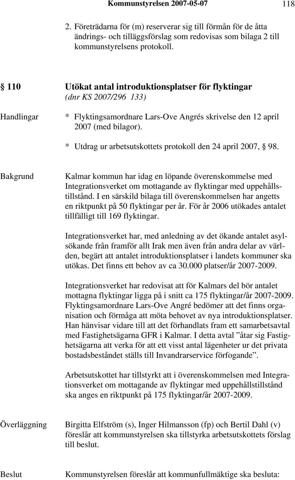 * Utdrag ur arbetsutskottets protokoll den 24 april 2007, 98. Kalmar kommun har idag en löpande överenskommelse med Integrationsverket om mottagande av flyktingar med uppehållstillstånd.