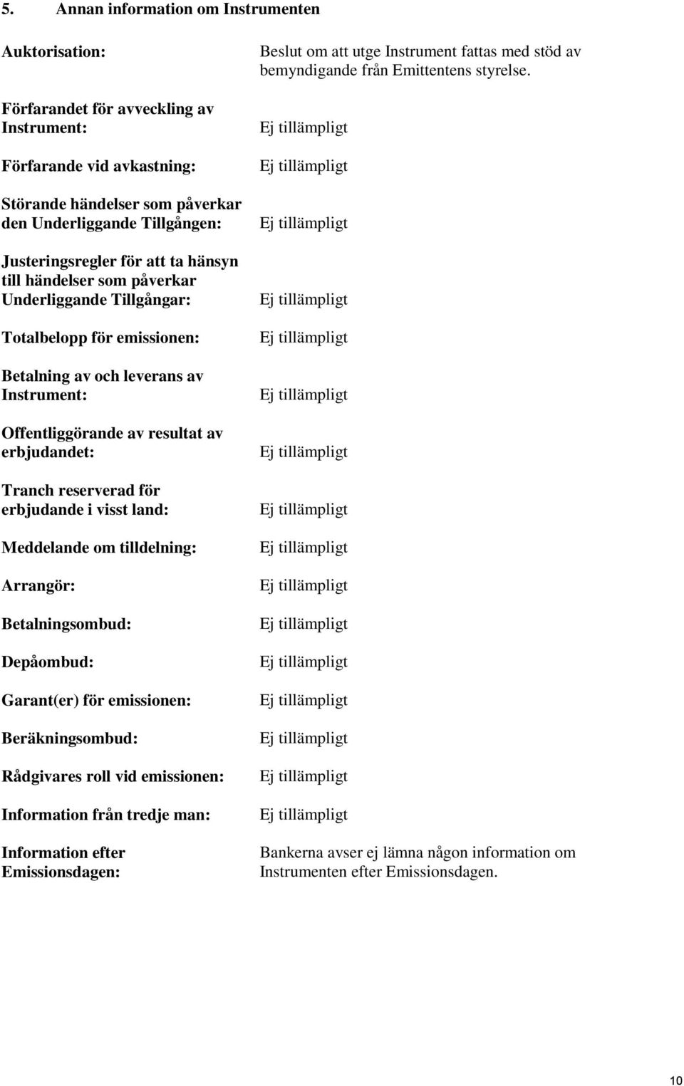 reserverad för erbjudande i visst land: Meddelande om tilldelning: Arrangör: Betalningsombud: Depåombud: Garant(er) för emissionen: Beräkningsombud: Rådgivares roll vid emissionen: Information från