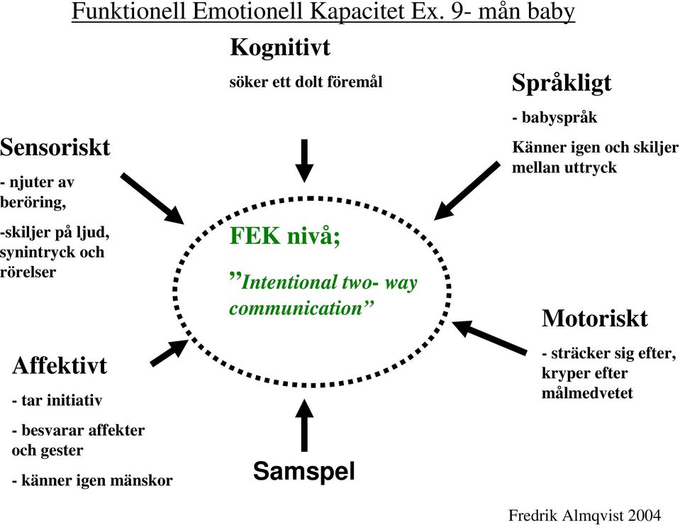 synintryck och rörelser Affektivt - tar initiativ - besvarar affekter och gester - känner igen mänskor FEK