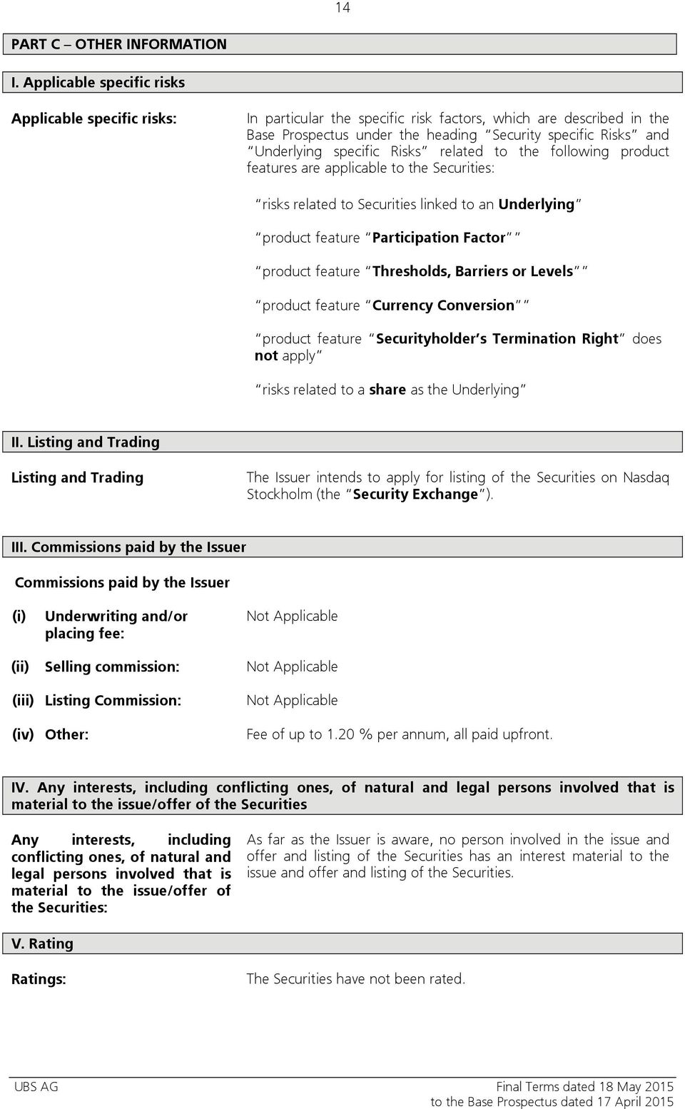 specific Risks related to the following product features are applicable to the Securities: risks related to Securities linked to an Underlying product feature Participation Factor product feature