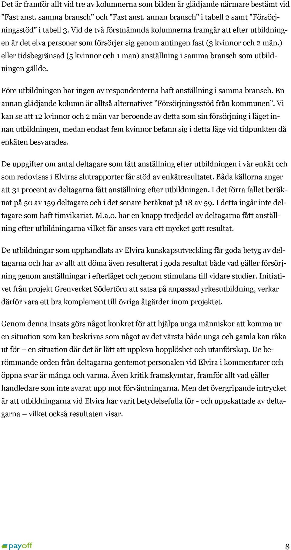 ) eller tidsbegränsad (5 kvinnor och 1 man) anställning i samma bransch som utbildningen gällde. Före utbildningen har ingen av respondenterna haft anställning i samma bransch.