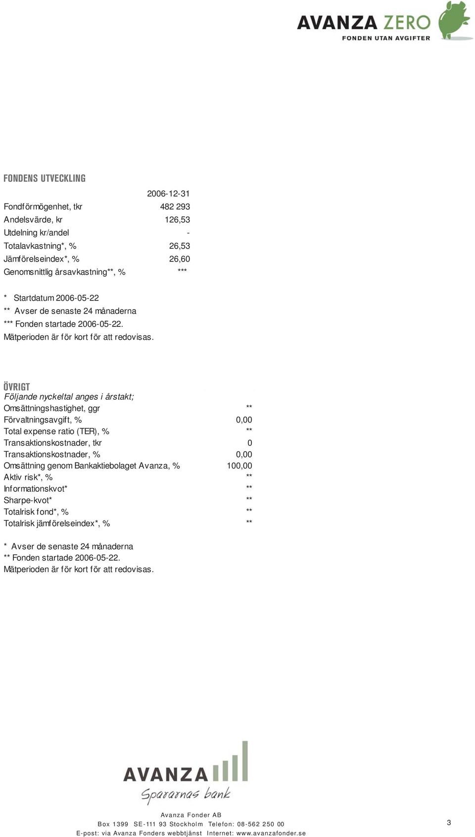 ÖVRIGT Följande nyckeltal anges i årstakt; Omsättningshastighet, ggr ** Förvaltningsavgift, % 0,00 Total expense ratio (TER), % ** Transaktionskostnader, tkr 0 Transaktionskostnader, % 0,00