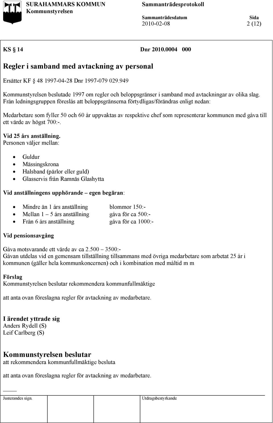 Från ledningsgruppen föreslås att beloppsgränserna förtydligas/förändras enligt nedan: Medarbetare som fyller 50 och 60 år uppvaktas av respektive chef som representerar kommunen med gåva till ett