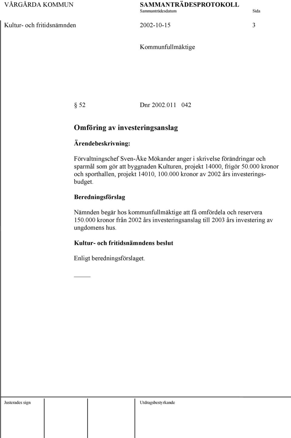 byggnaden Kulturen, projekt 14000, frigör 50.000 kronor och sporthallen, projekt 14010, 100.000 kronor av 2002 års investeringsbudget.