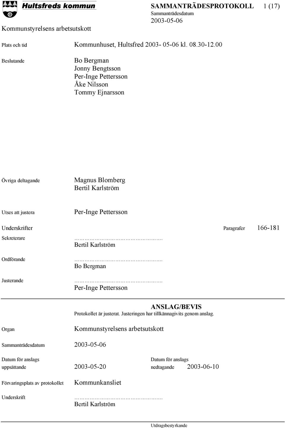 Per-Inge Pettersson Underskrifter Paragrafer 166-181 Sekreterare. Bertil Karlström Ordförande Justerande. Bo Bergman.