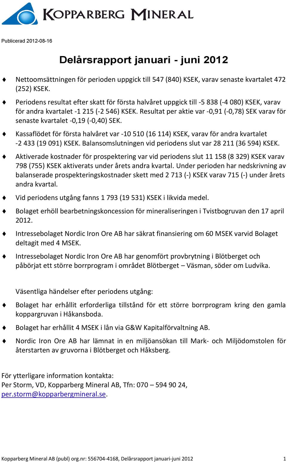 Resultat per aktie var -0,91 (-0,78) SEK varav för senaste kvartalet -0,19 (-0,40) SEK. Kassaflödet för första halvåret var -10 510 (16 114) KSEK, varav för andra kvartalet -2 433 (19 091) KSEK.