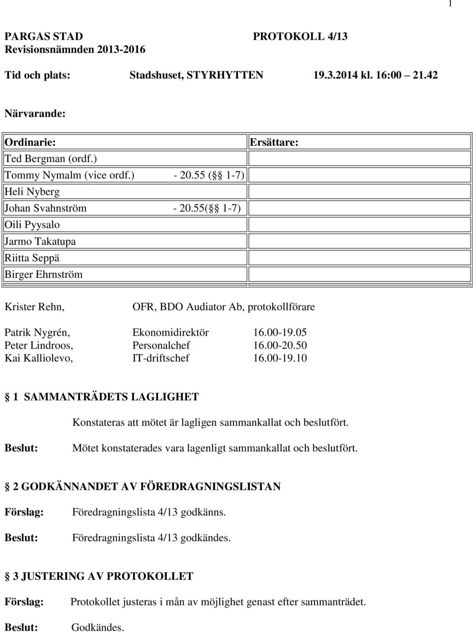 55( 1-7) Oili Pyysalo Jarmo Takatupa Riitta Seppä Birger Ehrnström Ersättare: Krister Rehn, OFR, BDO Audiator Ab, protokollförare Patrik Nygrén, Ekonomidirektör 16.00-19.