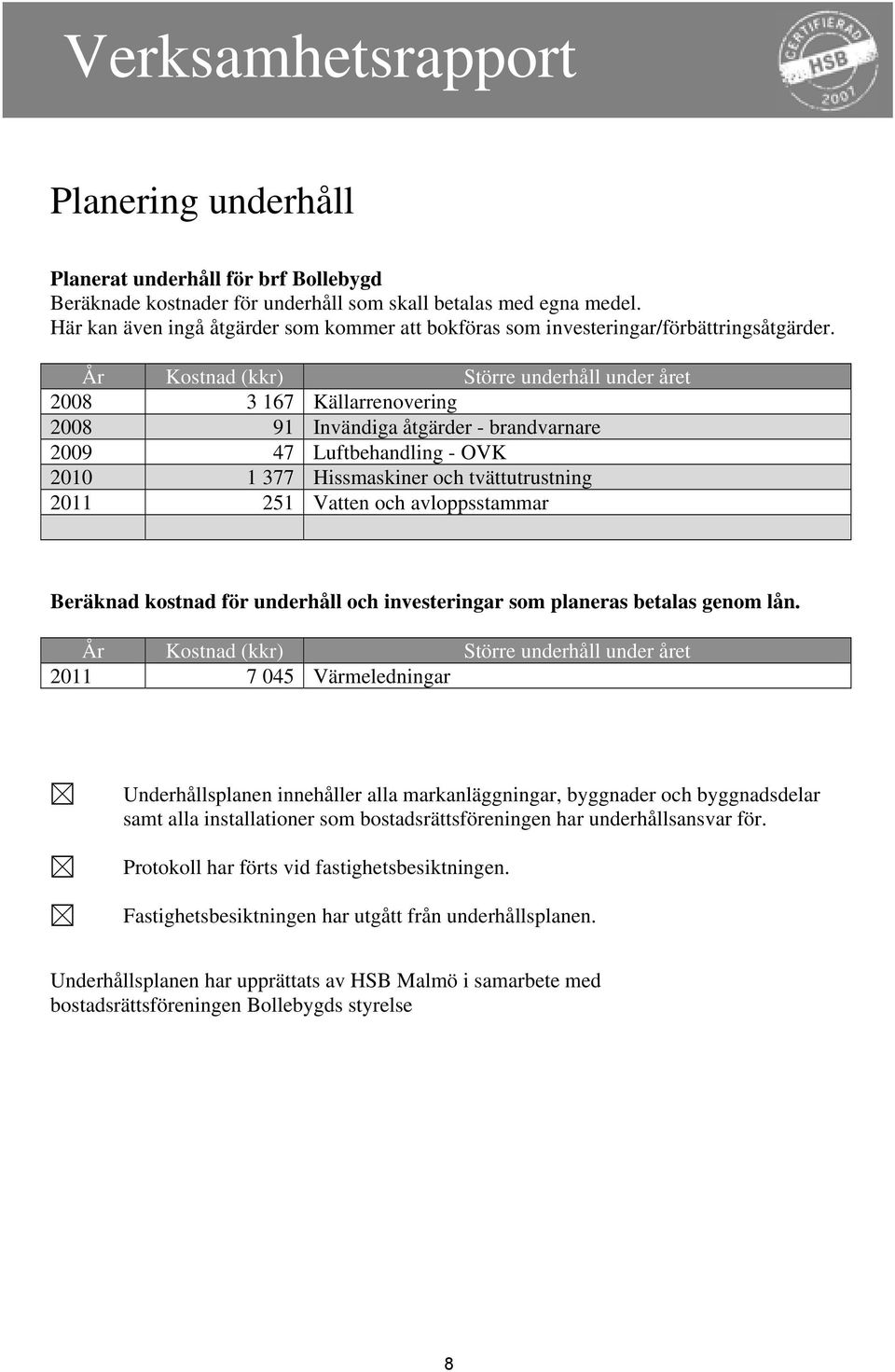 År Kostnad (kkr) Större underhåll under året 2008 3 167 Källarrenovering 2008 91 Invändiga åtgärder - brandvarnare 2009 47 Luftbehandling - OVK 2010 1 377 Hissmaskiner och tvättutrustning 2011 251