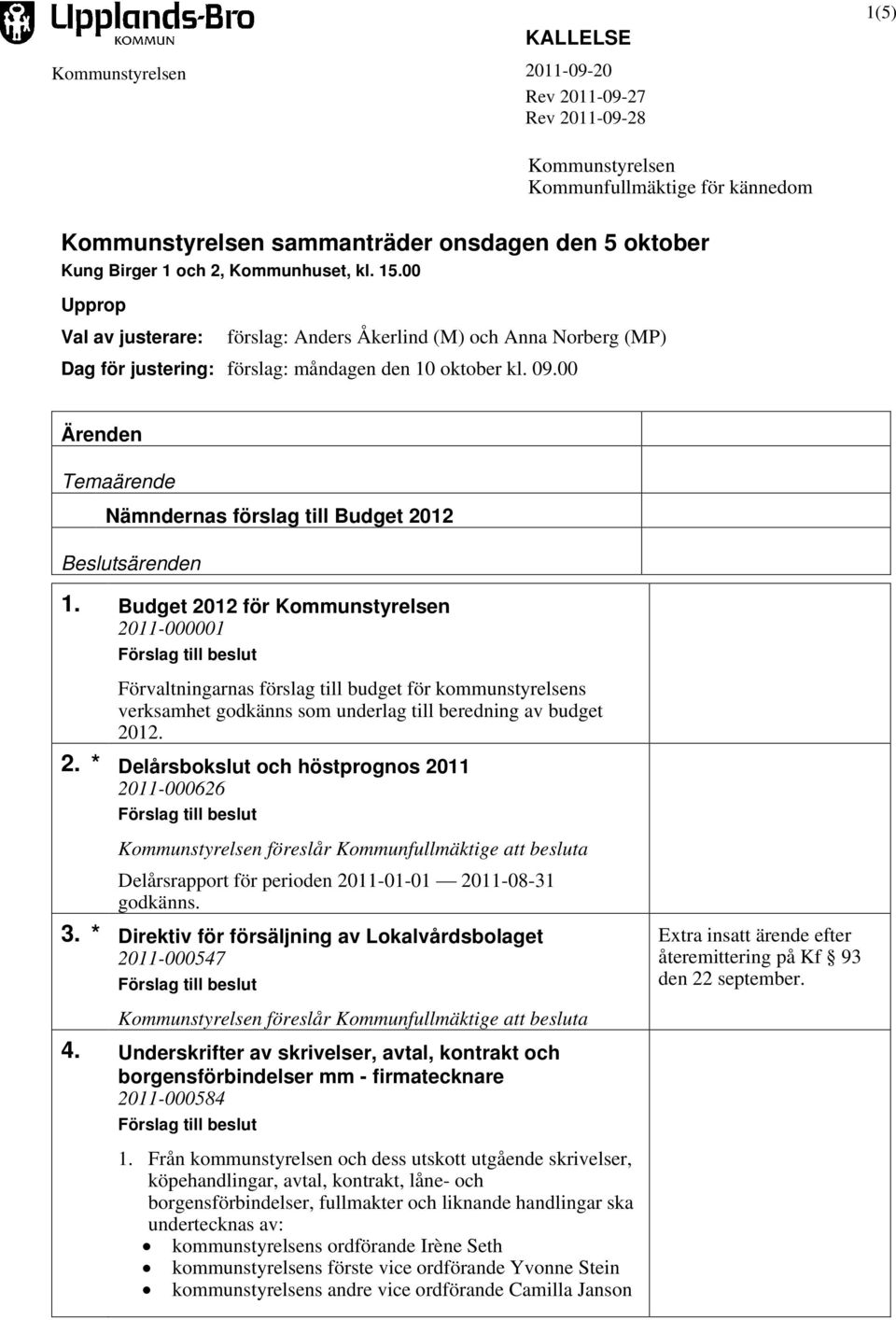 00 Ärenden Temaärende Nämndernas förslag till Budget 2012 Beslutsärenden 1.