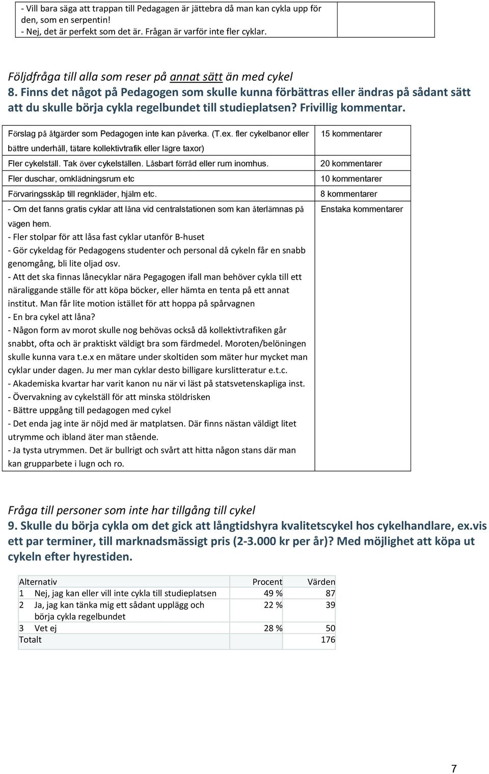 Finns det något på Pedagogen som skulle kunna förbättras eller ändras på sådant sätt att du skulle börja cykla regelbundet till studieplatsen? Frivillig kommentar.