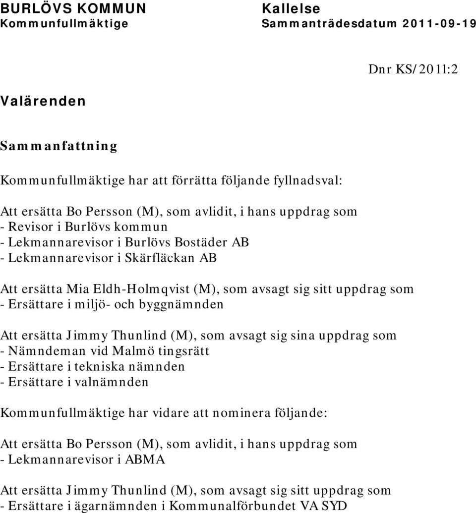 Jimmy Thunlind (M), som avsagt sig sina uppdrag som - Nämndeman vid Malmö tingsrätt - Ersättare i tekniska nämnden - Ersättare i valnämnden Kommunfullmäktige har vidare att nominera följande: