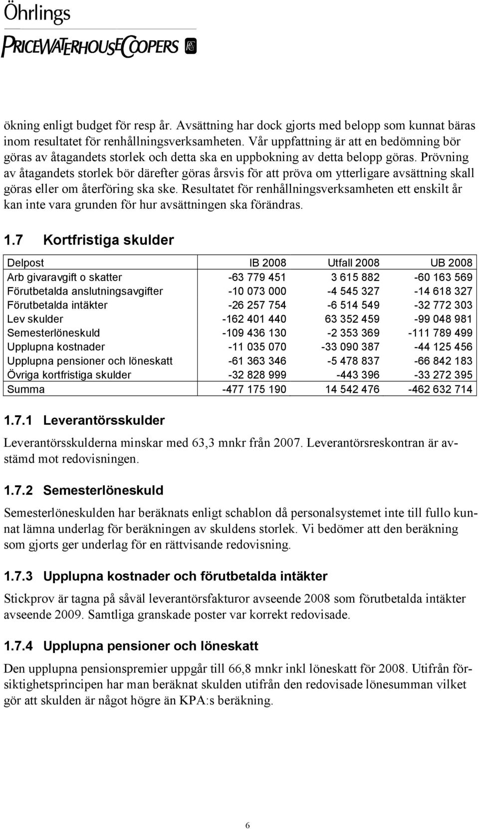 Prövning av åtagandets storlek bör därefter göras årsvis för att pröva om ytterligare avsättning skall göras eller om återföring ska ske.