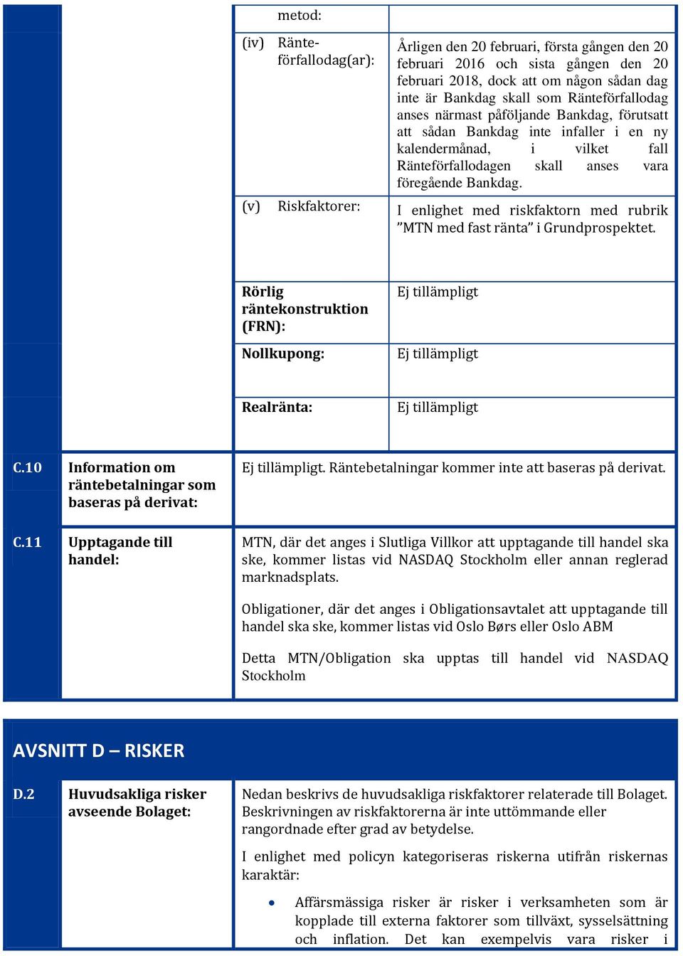 (v) Riskfaktorer: I enlighet med riskfaktorn med rubrik MTN med fast ränta i Grundprospektet. Rörlig räntekonstruktion (FRN): Nollkupong: Ej tillämpligt Ej tillämpligt Realränta: Ej tillämpligt C.