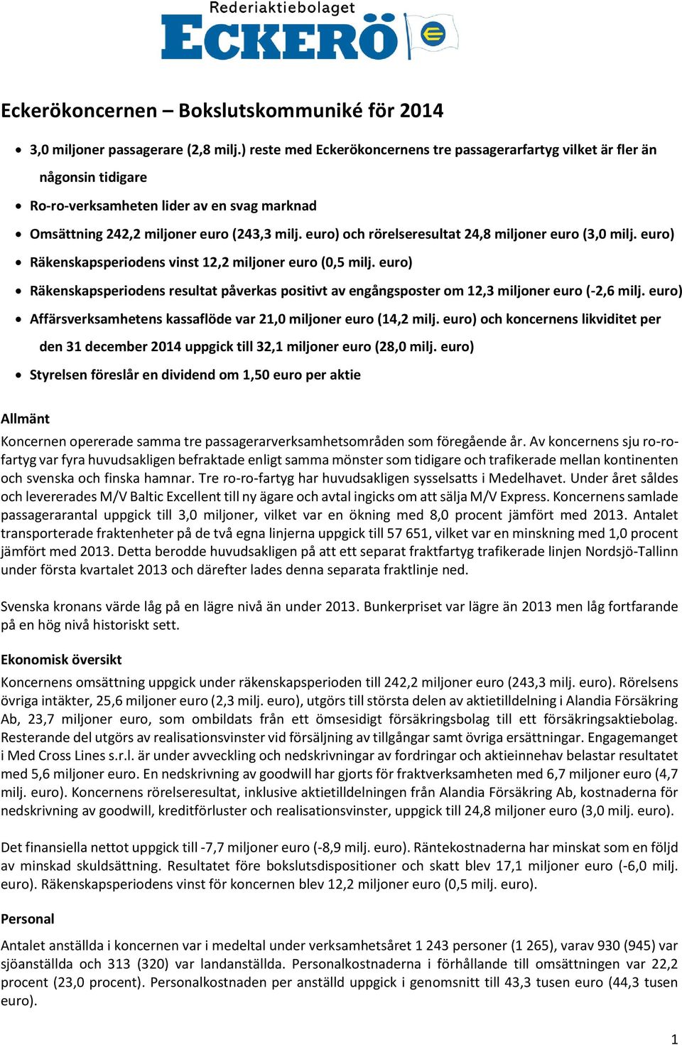 euro) och rörelseresultat 24,8 miljoner euro (3,0 milj. euro) Räkenskapsperiodens vinst 12,2 miljoner euro (0,5 milj.