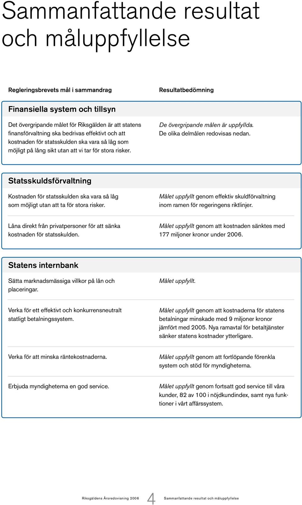 De olika delmålen redovisas nedan. Statsskuldsförvaltning Kostnaden för statsskulden ska vara så låg som möjligt utan att ta för stora risker.